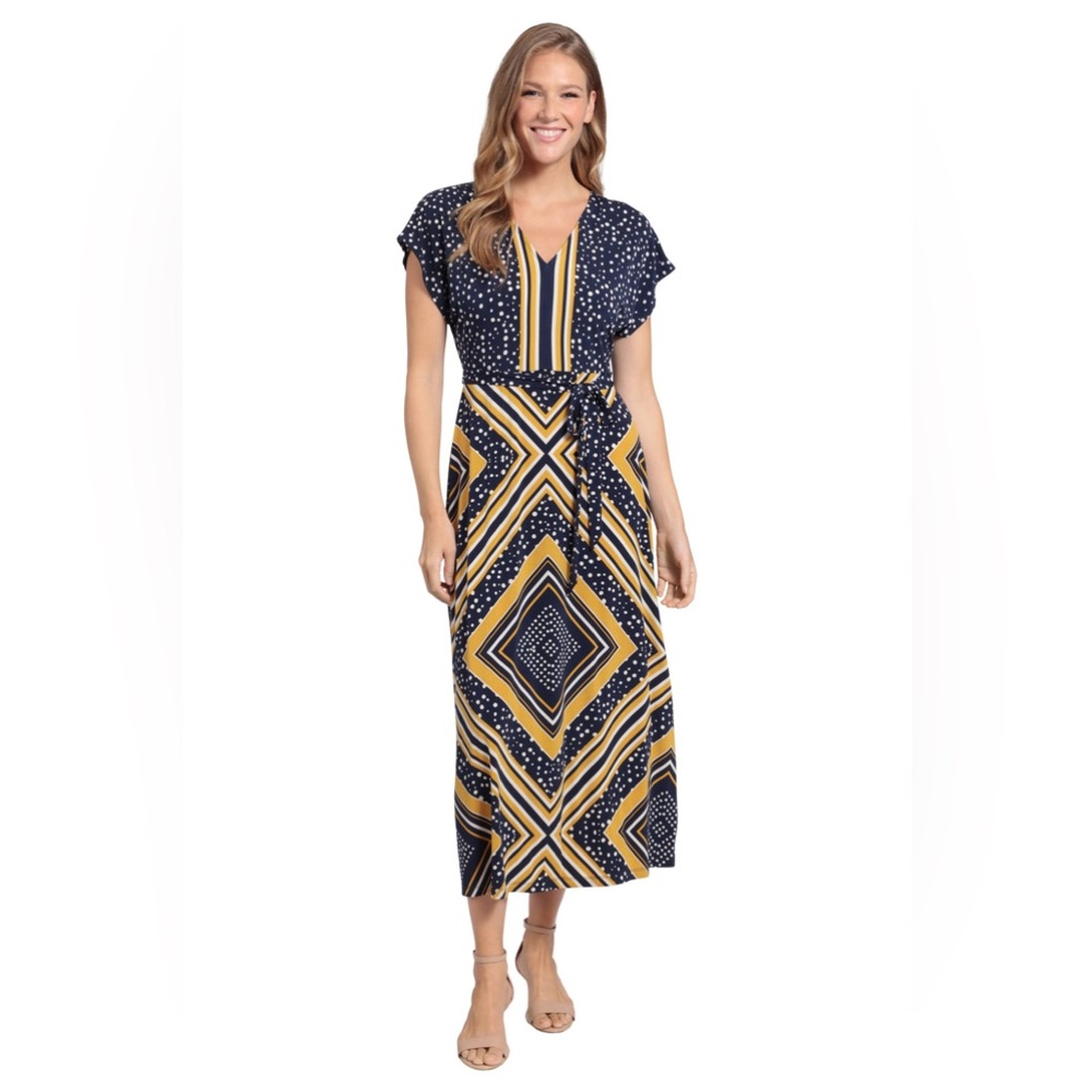 NWT London Times V-Neck Dropped Flutter Sleeve Geo Dot Print Jersey Dress